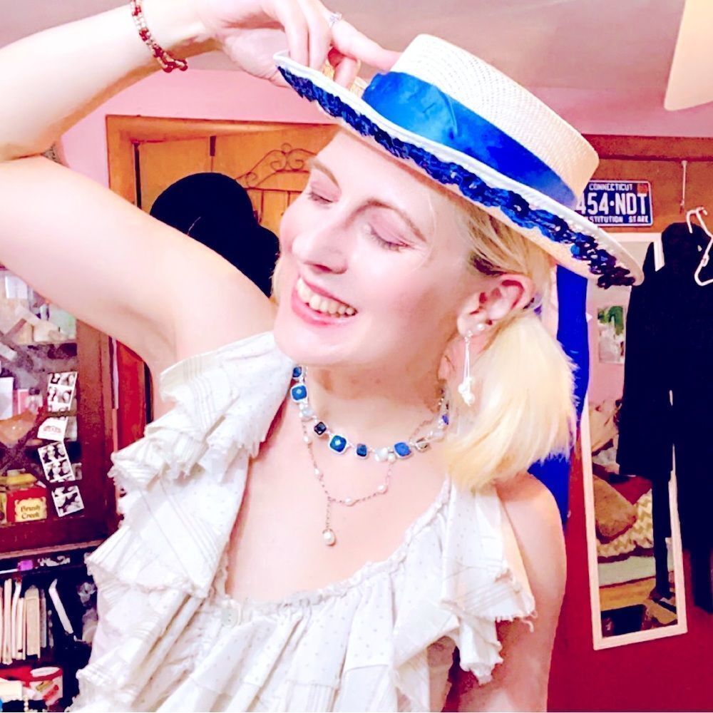 Vintage Cream Straw Gondolier Hat with Sequin Trim and Blue Satin Ribbons